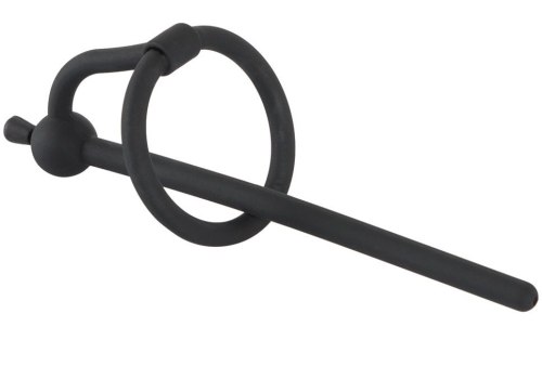 Duté kolíky do penisu: Silikonový dilatátor s kroužkem za žalud a zátkou Piss Play (dutý), 6 mm