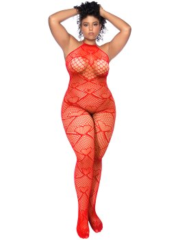 Síťovaný catsuit se srdíčky a lesklými kamínky Mapalé, plus size – Dámské catsuity a overaly