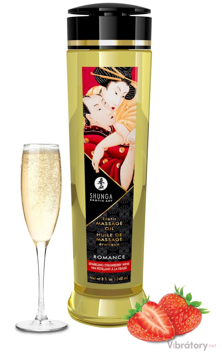 Levně Masážní olej Shunga ROMANCE Sparkling Strawberry Wine, 240 ml