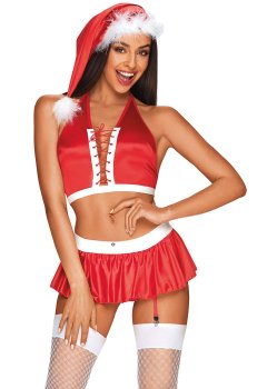 Vánoční kostým Ms. Claus – minisukně s tangy, top, punčochy a čepice – Vánoční kostýmy a prádlo