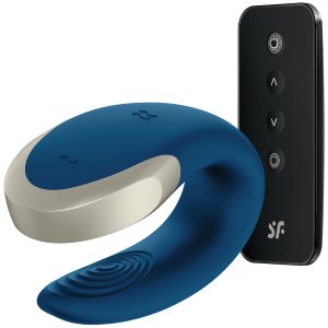 Párový vibrátor s dálkovým ovladačem Satisfyer Double Love Blue – ovládaný mobilem – Párové vibrátory