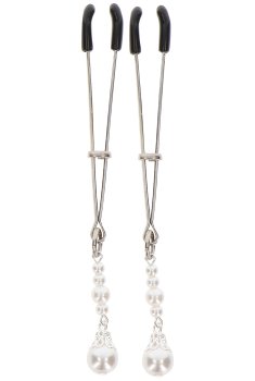 Svorky na bradavky s ozdobnými perlami Taboom, stříbrné – Skřipce a svorky na bradavky, klitoris a stydké pysky