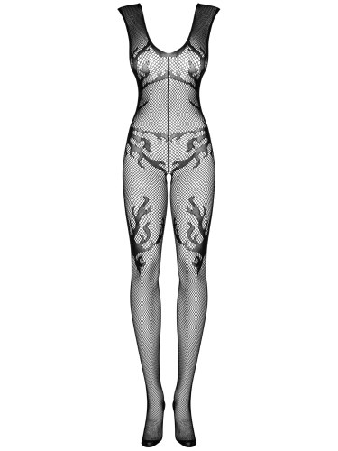 Síťovaný catsuit s motivem plamenů a otvorem v rozkroku