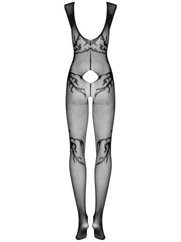 Síťovaný catsuit s motivem plamenů a otvorem v rozkroku