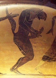 Onanující satyr na řecké keramické nádobě z 6. století před naším letopočtem